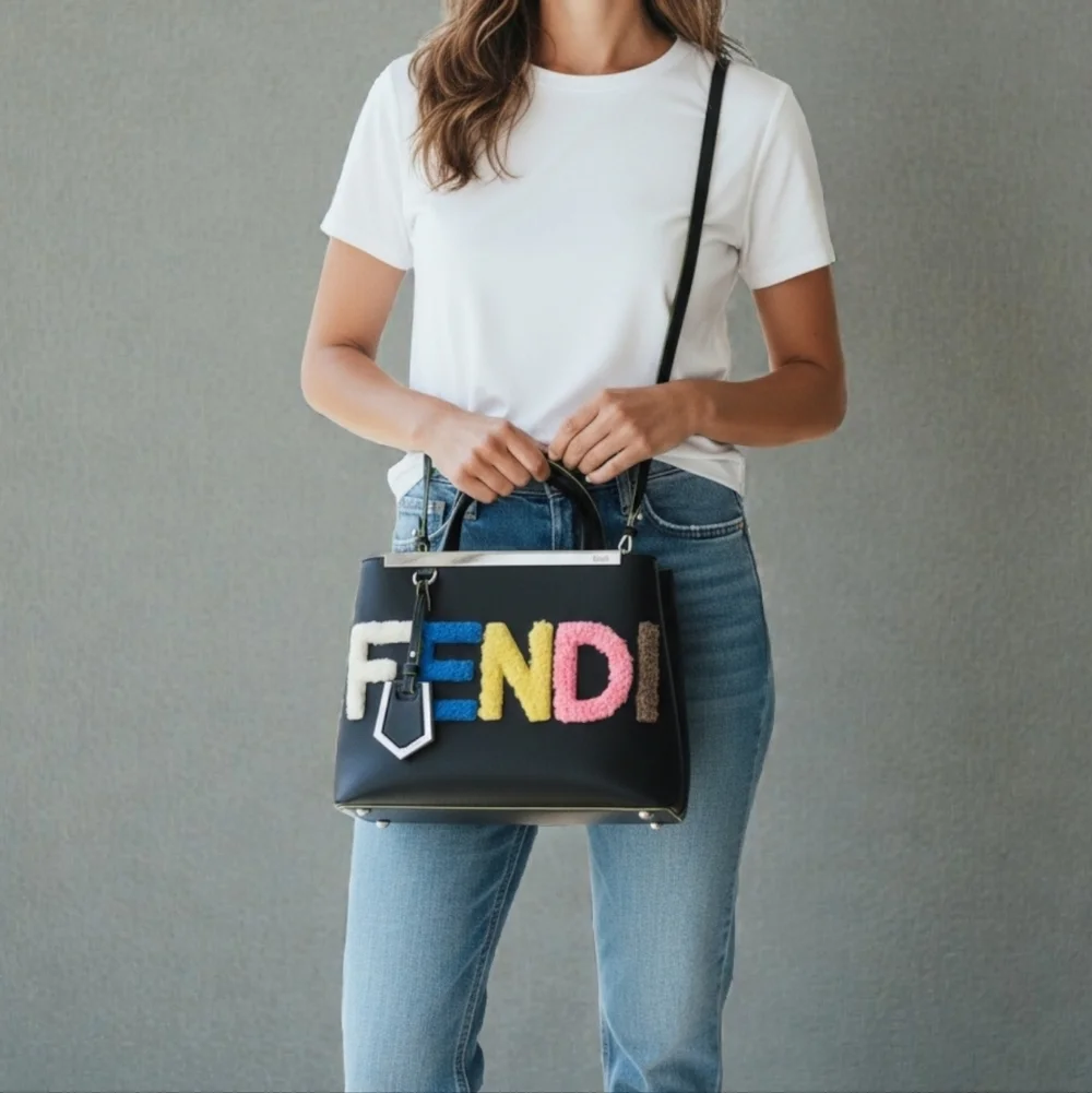 Fendi 2Jours Black Leather Tote Crossbody Bag Multicolor Shearling Logo - Picture 2 of 16